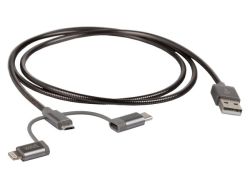 Datakaapeli 3in1 USB-A USB-C/ MicroUSB/Lightning metallipäällysteinen tummanharmaa